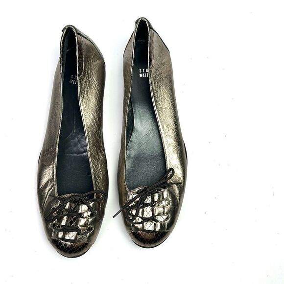 Stuart Weitzman Ballet Flats Metallic Leather Lace Up Details size 8,5 - Picture 4 of 14